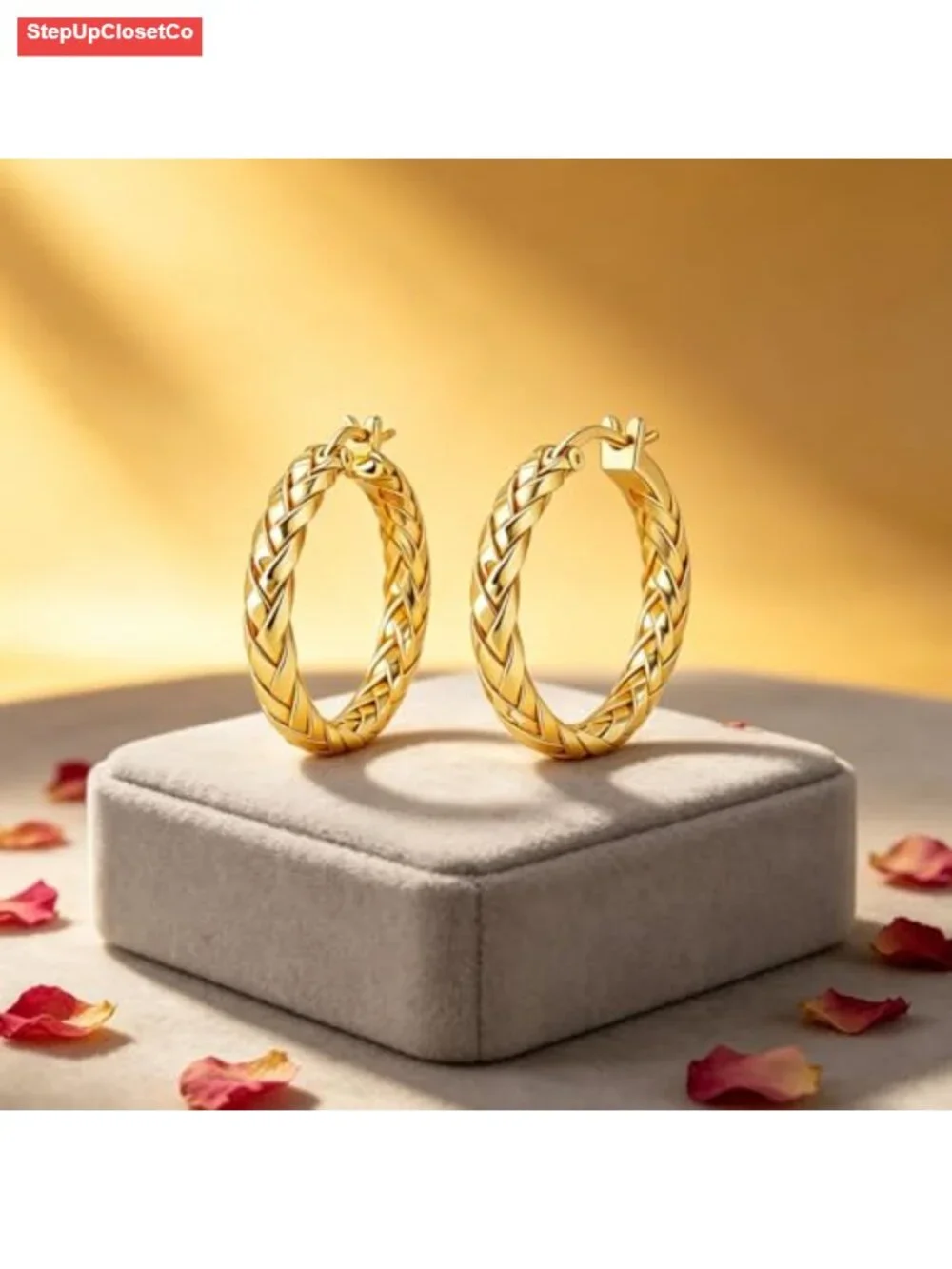 14K Gold Plated Rope Hoop Earrings, Twisted Pattern 30mm, Hypoallergenic